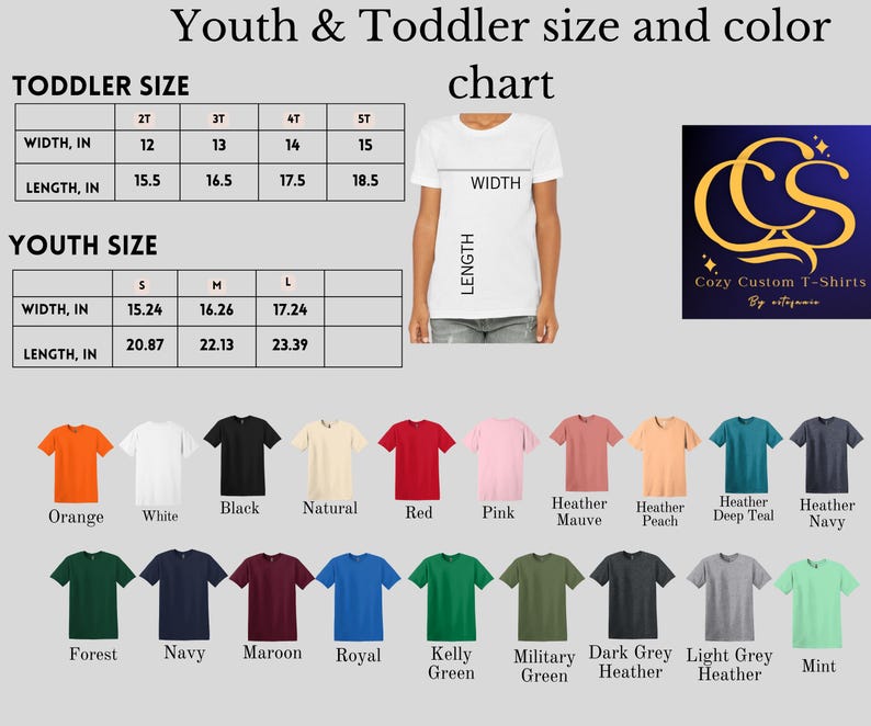Puede incluir: Tabla de tallas para camisetas de ni&ntilde;os y beb&eacute;s. La tabla muestra las medidas de ancho y largo en pulgadas para diferentes tallas. La tabla tambi&eacute;n incluye una muestra de color de 20 colores de camisetas diferentes.