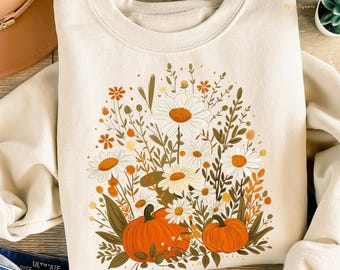 Sudadera con estampado de calabaza, bonita sudadera con estampado floral de otoño, sudadera de calabaza para mujer, temporada de calabazas, camiseta de calabaza de cosecha, camiseta de otoño, regalo