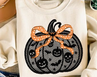 Halloween Coquette Bow Spooky Mama Sweatshirt, Fall Pumpkin Coquette Bow Sweater,Fall Vibes Shirt, Fall Season Shirt,lace pumpkin swetashirt