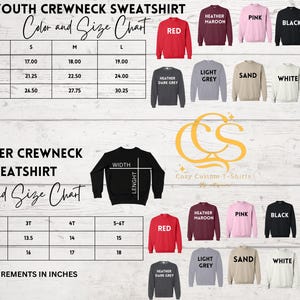 K&ouml;nnte beinhalten: Eine Farb- und Gr&ouml;&szlig;entabelle f&uuml;r Crewneck-Sweatshirts f&uuml;r Jugendliche und Kleinkinder. Die Jugendtabelle zeigt Ma&szlig;e in Zoll f&uuml;r Breite, H&ouml;he und &Auml;rmell&auml;nge. Die Kleinkindertabelle zeigt Breite und L&auml;nge in Zoll. Zu den Farben geh&ouml;ren Rot, Pink, Schwarz und Marineblau.