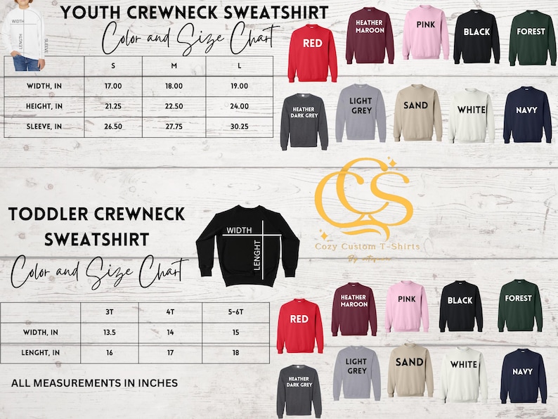 K&ouml;nnte beinhalten: Eine Farb- und Gr&ouml;&szlig;entabelle f&uuml;r Crewneck-Sweatshirts f&uuml;r Jugendliche und Kleinkinder. Die Jugendtabelle zeigt Ma&szlig;e in Zoll f&uuml;r Breite, H&ouml;he und &Auml;rmell&auml;nge. Die Kleinkindertabelle zeigt Breite und L&auml;nge in Zoll. Zu den Farben geh&ouml;ren Rot, Pink, Schwarz und Marineblau.