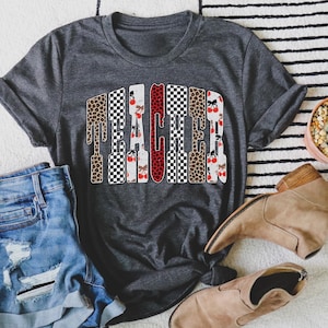 Leopard Teacher Shirt, Retro Teach Shirt, Teacher Appreciation Gifts, Teacher Graduation, Student Teacher Gift, Checkered Shirt, Women Tee