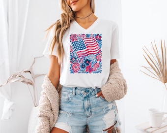 Floral American Flag Shirt, 4th Of July V neck Tshirt, Patriotic Shirt For Women, Independence Day Shirt, Retro USA flag Shirt, USA Floral
