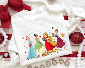 Disney Christmas Princess Coquette Kids Sweatshirt Snow Globe Rapunzel Tiana ArielSnow WhiteAnna Elsa Princess Tee Disney Christmas Princess