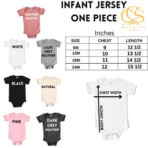 Puede incluir: Mono de jersey para beb&eacute; en varios colores, incluyendo blanco, negro, rosa, malva jaspeado, gris jaspeado claro, natural y gris jaspeado oscuro. La tabla de tallas muestra las medidas de pecho y longitud en pulgadas para las tallas 6M, 12M, 18M y 24M.