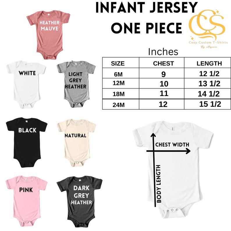 Puede incluir: Mono de jersey para beb&eacute; en varios colores, incluyendo blanco, negro, rosa, malva jaspeado, gris jaspeado claro, natural y gris jaspeado oscuro. La tabla de tallas muestra las medidas de pecho y longitud en pulgadas para las tallas 6M, 12M, 18M y 24M.