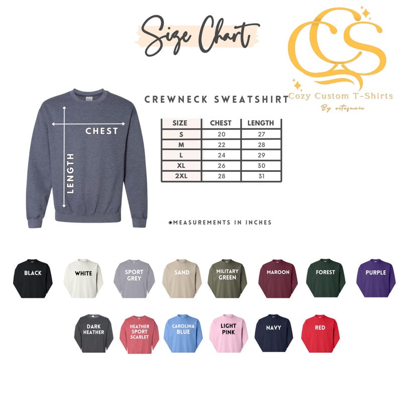 K&ouml;nnte beinhalten: Gr&ouml;&szlig;entabelle f&uuml;r ein Crewneck-Sweatshirt mit Ma&szlig;en in Zoll. Die Tabelle zeigt die Gr&ouml;&szlig;en S bis 2XL mit Brust- und L&auml;ngenma&szlig;en. Farboptionen: Schwarz, Wei&szlig;, Sportgrau, Sand, Milit&auml;rgr&uuml;n, Burgunderrot, Waldgr&uuml;n, Lila, Dunkelgrau, Heather Sport Scarlet, Carolina Blau, Hellrosa, Marineblau und Rot.