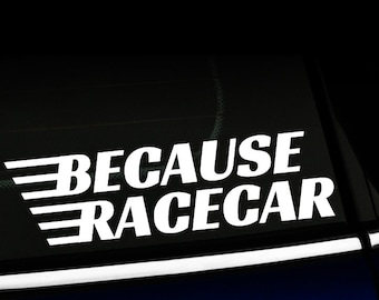 May include: White vinyl decal with the text "BECAUSE RACECAR" and three white stripes on the left side of the decal.