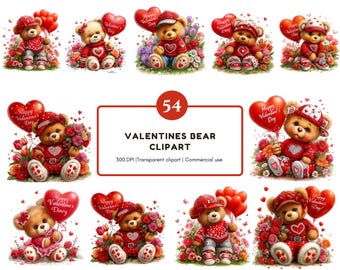 54 Valentine teddybeer clipart, Love Teddy clipart, Valentijnsdag clipart, Valentine Bear png, kaarten maken, Paper Craft, digitale download
