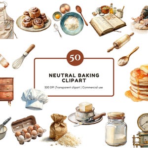 以下が含まれることがあります： 水彩イラストで、ベーキングをテーマにした要素を描いています。エプロン、シナモンロール、卵、小麦粉、料理本、めん棒、泡立て器、コック帽、バター、パンケーキ、瓶が含まれています。テキストは「50 Neutral Baking Clipart」と表示されています。
