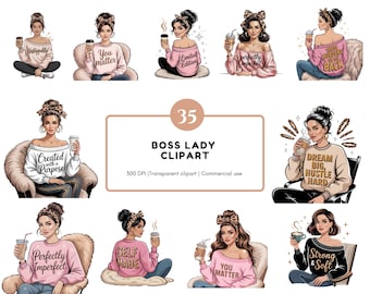 May include: A collection of 35 digital clipart images featuring stylish women with coffee cups. The women are depicted in various poses, wearing sweaters with motivational phrases like "You Matter" and "Perfectly Imperfect." The clipart is designed for commercial use.