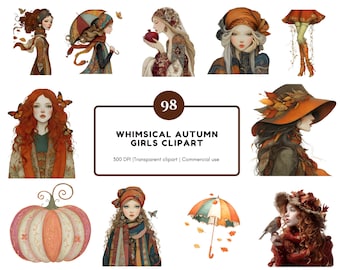 Höstflicka Clipart-paket png, Nyckfull höstflicka Clipart png, Flicka Clipart png, Söt flicka Clipart, Modeflicka Clipart png