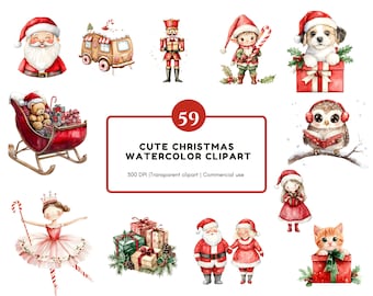 Lindo paquete de imágenes prediseñadas navideñas PNG, lindas imágenes prediseñadas navideñas en acuarela, lindas imágenes prediseñadas de Papá Noel, lindo paquete de imágenes prediseñadas navideñas PNG, Feliz Navidad PNG