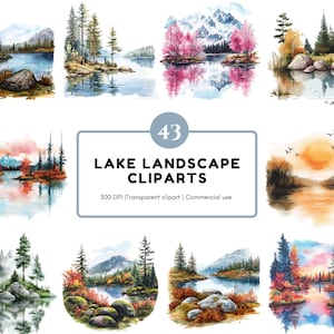 Lake Landscape Clipart Bundle, Landscape Clipart, Lake Clipart png Bundle, Watercolor Lake Landscape Clipart, Lake Sunrise Clipart