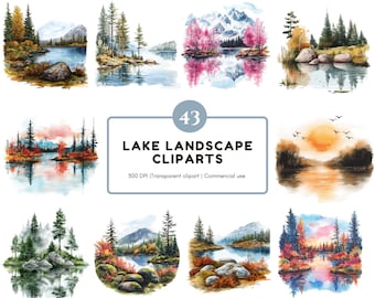 Paquete de imágenes prediseñadas de paisaje de lago, imágenes prediseñadas de paisaje, paquete de imágenes prediseñadas de lago PNG, imágenes prediseñadas de paisaje de lago en acuarela, imágenes prediseñadas de amanecer en el lago