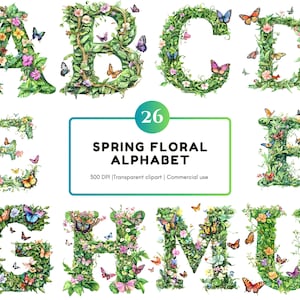 Aquarelle alphabet floral clipart png, alphabet floral png, 26 alphabets floraux, clipart bébé jalon, verdure alphabet clipart