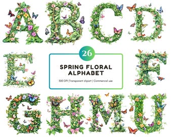 Watercolor Floral Alphabet Clipart, Greenery Letters (PNG Digital Download)