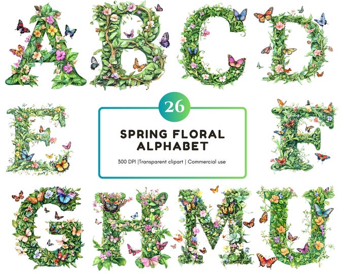 Floral Alphabet Letter Clipart Bundle 26 High Quality PNG, Watercolor ...