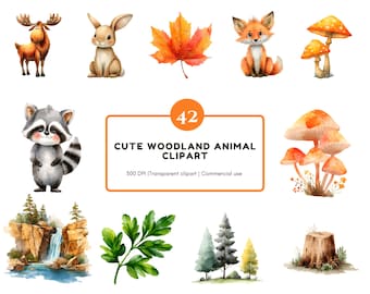 Watercolor Woodland Animal Clipart Bundle, Cute Woodland Animal Clipart png, Woodland Animal png, Forest Animal png, Cute Animal Clipart png