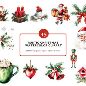 Rustic Red Christmas Clipart Bundle png, Red Green Christmas Winter Clipart, Watercolor Christmas Winter Clipart png, Christmas Clipart png