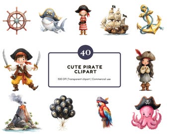 Watercolor Pirate Clipart Bundle, Nursery Art (Digital Download)