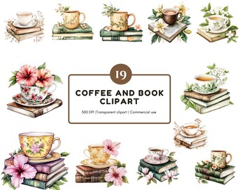 Pacchetto clipart di caffè e libri png, clipart di libri ad acquerello, clipart di caffè, libro ong, caffè floreale png, libro floreale png, download istantaneo
