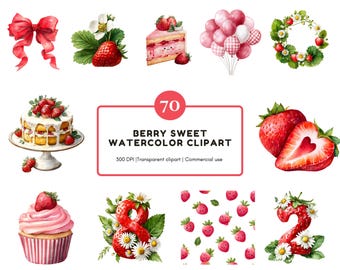 Zestaw clipartów z truskawkami w akwarelach, clipart z jagodami w formacie PNG, grafika z okazji pierwszych urodzin jagód, clipart z okazji pierwszych urodzin słodkich jagód, pobieranie cyfrowe