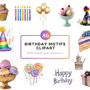 Paquete de imágenes prediseñadas de cumpleaños en acuarela (PNG), imágenes prediseñadas de motivos de cumpleaños (PNG), imágenes prediseñadas de gráficos de cumpleaños, imágenes prediseñadas de decoración de fiesta de cumpleaños