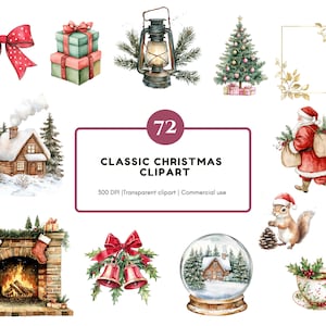 Classic Christmas Clipart Bundle, Watercolor Christmas Clipart, Christmas Collection Clipart, Winter Christmas Clipart, Christmas Characters