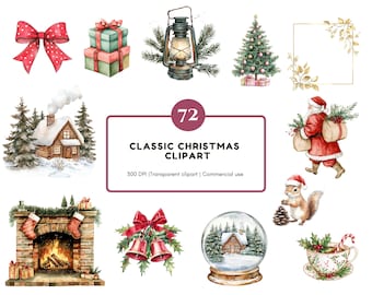 Classic Christmas Clipart Bundle, Watercolor Christmas Clipart, Christmas Collection Clipart, Winter Christmas Clipart, Christmas Characters