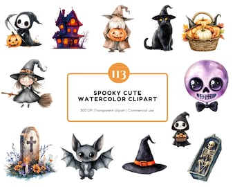 Pacote de clipart fofo de Halloween em aquarela png, clipart fofo assustador de Halloween, clipart pastel de Halloween, clipart iridescente de Halloween png