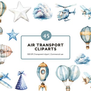 Watercolor Air Transport Clipart, Air Transport png, Helicopter Hot Air Balloon Clipart, Air Plane Clipart Bundle, Instant Download