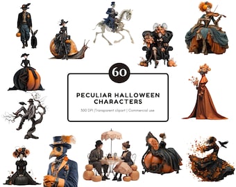 Watercolor Peculiar Halloween Characters Clipart Bundle, Peculiar Halloween Characters png, Junk Journal kit, Scrapbooking Supplies