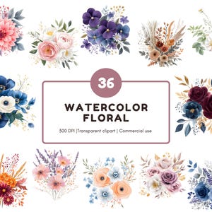 Paquete de imágenes prediseñadas de flores de acuarela, imágenes prediseñadas de patrones florales, imágenes prediseñadas de elementos florales, paquete de flores PNG, imágenes prediseñadas florales de acuarela