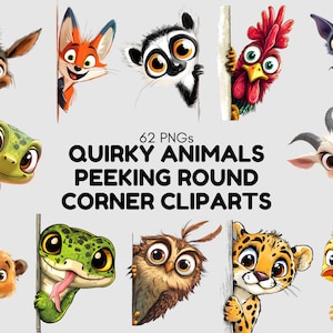 62 Animal caprichoso espiando ao redor do canto Clipart, Animal engraçado Clipart, Animal peculiar Clipart png Bundle, Animal bobo png Bundle