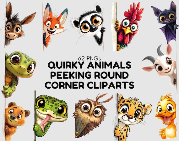 62 Whimsical Animal Peeking Around Corner Clipart, Humorous Animal Clipart, Quirky Animal Clipart png Bundle, Silly Animal png Bundle