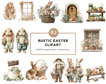 82 Rustic Easter Clipart Bundle, Watercolor Easter Bunny PNG, Easter Basket Clipart, Boho Easter Clipart, Easter Village PNG Bundle