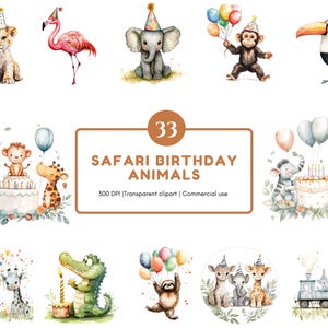 Clipart de animales de fiesta de cumpleaños, Clipart de animales de cumpleaños lindos (PNG), Paquete de PNG de fiesta de cumpleaños lindo, Clipart de cumpleaños de safari, Animales salvajes