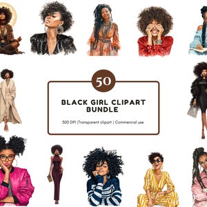 Könnte beinhalten: Ein digitales Kunstpaket mit Illustrationen von schwarzen Frauen in verschiedenen Posen und Outfits. Die Bilder zeigen Frauen in Meditation, Mode und ungezwungenen Umgebungen. Der Text auf dem Bild lautet "50 Black Girl Clipart Bundle".