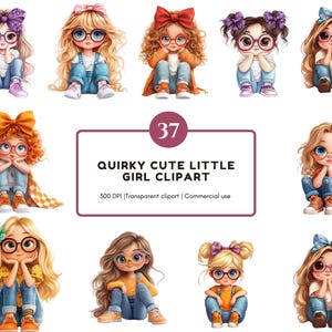 May include: A digital illustration featuring nine quirky, cute little girl clip art images. Each girl is depicted with large eyes, glasses, and bows, wearing jeans and tops in various colors. The text "Quirky Cute Little Girl Clipart" is displayed.