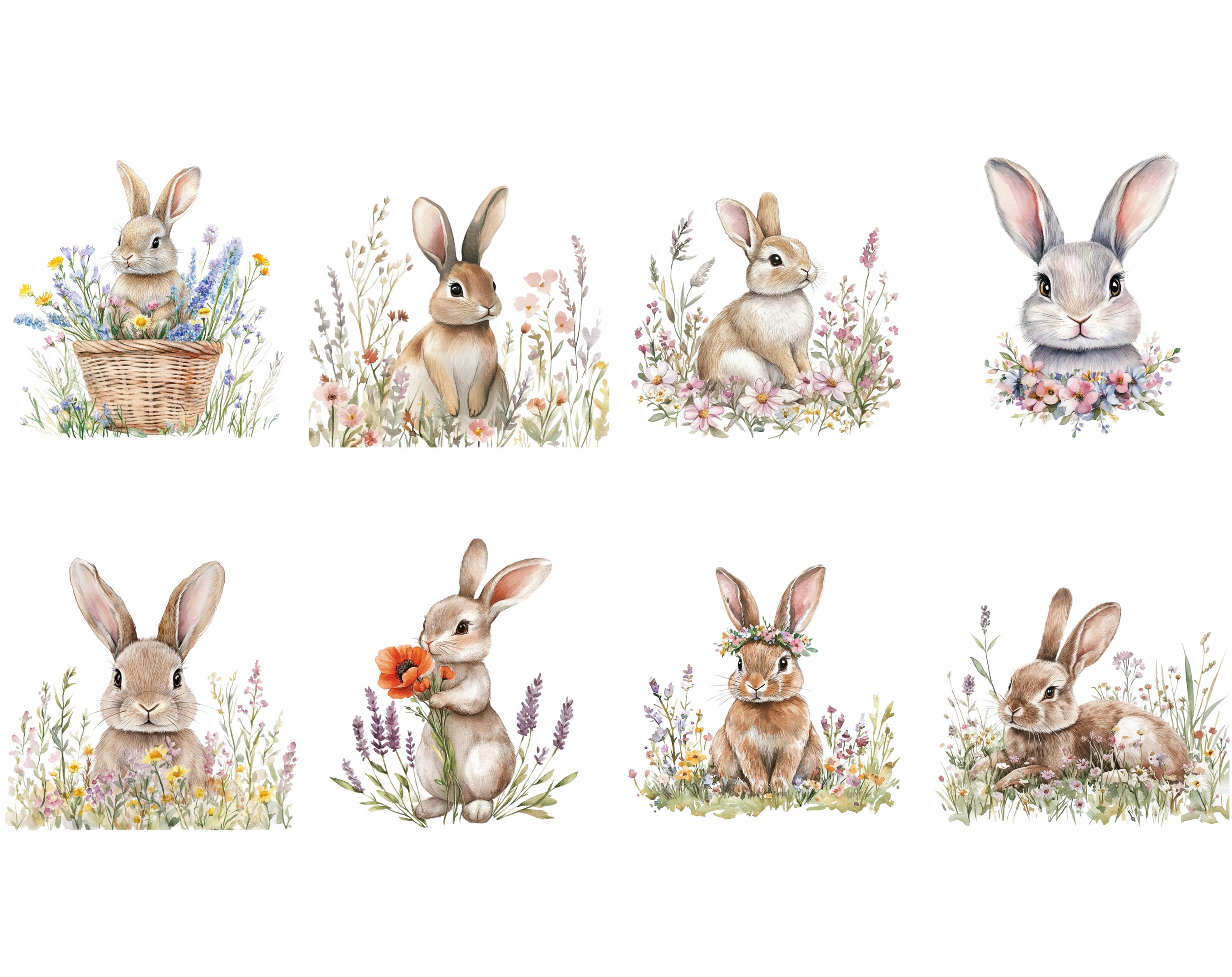 Watercolor Bunny Clipart Bundle, Floral Nursery Art (digital Download ...