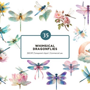 May include: Watercolor illustrations of whimsical dragonflies in various colors, including blue, pink, and purple. Some dragonflies are perched on flowers and plants. The image includes the text "35 WHIMSICAL DRAGONFLIES".