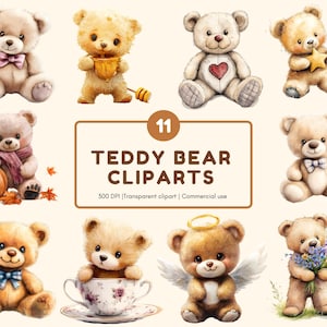 Watercolor Teddy Bear Clipart png Bundle, Teddy Bear Clipart, Bear Clipart, Baby Shower Clipart, Teddy Bear png, Nursery Clipart