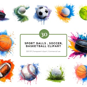 Watercolor Sports Ball Clipart, Sports Clipart Bundle png, Basketball Clipart, Soccer Clipart, Football Clipart, Baseball Clipart