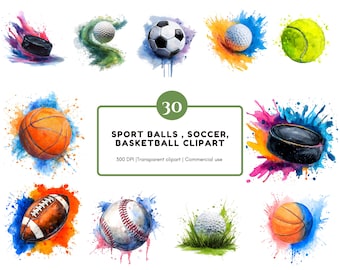 Watercolor Sports Ball Clipart, Sports Clipart Bundle png, Basketball Clipart, Soccer Clipart, Football Clipart, Baseball Clipart