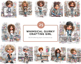 Watercolor Crafting Girl Clipart Bundle, Quirky Crafting Girl JPG, Whimsical Crafting Girl Clipart, Printable Clipart, Commercial Use