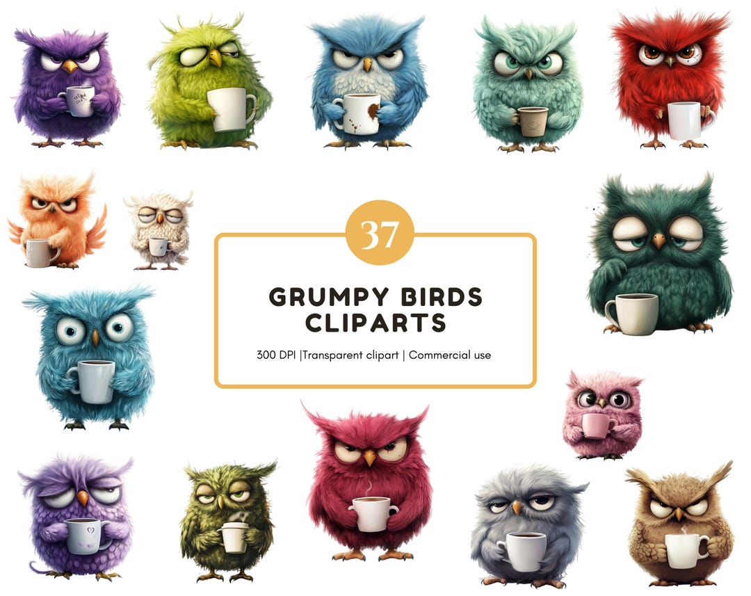 Watercolor Birds Clipart Bundle, Grumpy Birds Clipart Png, Fluffy Bird ...