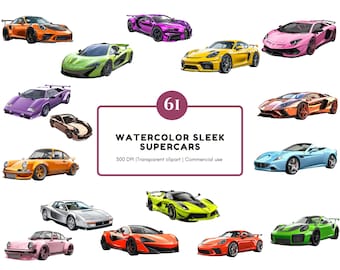 61 Watercolor Sleek Supercars Clipart Bundle, Sports Car Clipart, Cars png, Luxury Car Clipart, Vehicles Clipart, Cars Sublimation Design