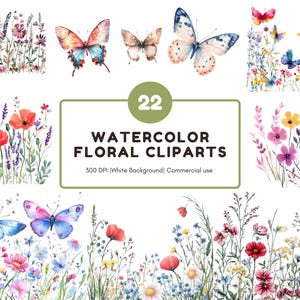 Paquete de imágenes prediseñadas de flores silvestres, imágenes prediseñadas florales de acuarela png, imágenes prediseñadas de mariposas de acuarela, imágenes prediseñadas florales, paquete de imágenes prediseñadas de flores de primavera png