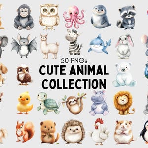 Pacote de 50 clipart de animais fofos png, clipart de animais fofos em aquarela, clipart de animais, clipart de animais peculiares, clipart de animais bebês para impressão